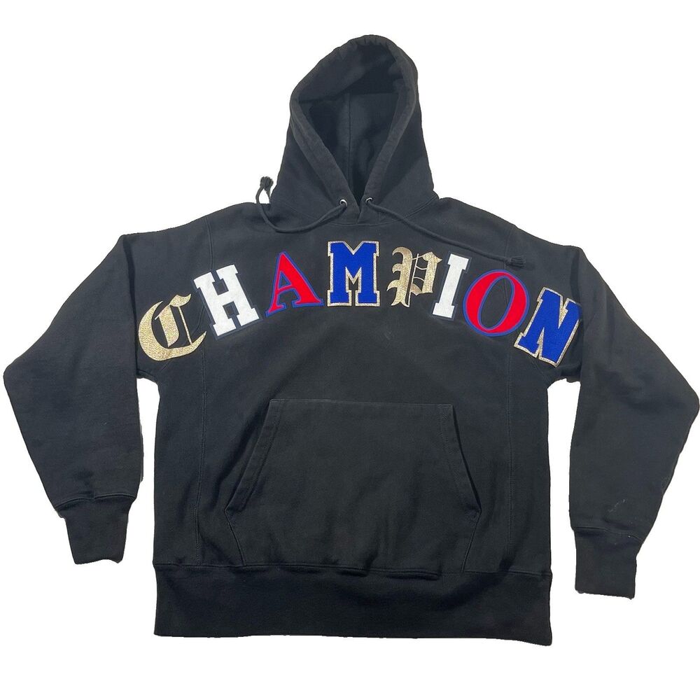 Champion Reverse Weave Hoodie Black Spell Out Pullover Medium